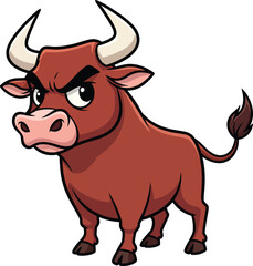 Fierce Brown Cartoon Bull with an Angry Expression and White Horns.