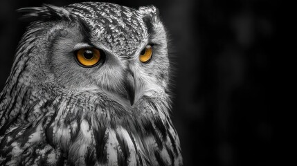 Obraz premium A close up of an owl's face with yellow eyes. The owl is looking directly at the camera