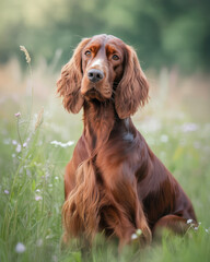 Irish Setter dog in tall grass, classic sporting breed portrait