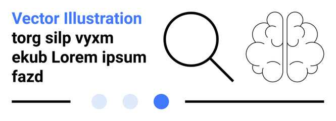 Magnifying glass alongside brain icon, dots, and lines in a minimal design. Ideal for research, analysis, learning, innovation, problem-solving, creativity brainstorming and a simple landing page © robu_s