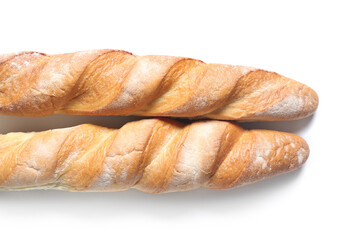 Fresh baguettes on white background
