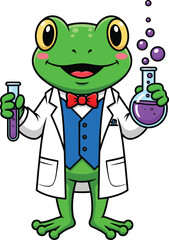 Smiling cartoon frog scientist in a white lab coat holding a test tube and a bubbling flask.