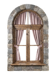 Obraz premium Rustic Arched Gray Stone Window with Wooden Frame, Crossbars & Flowing Pink Curtains Isolated on Transparent and White Background