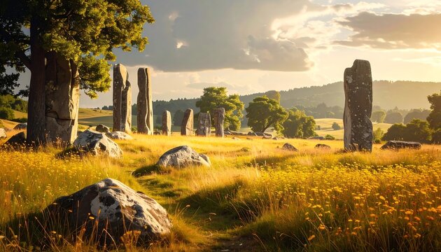 A sunlit landscape features ancient standing stones in a field of wildflowers, rolling hills in the distance