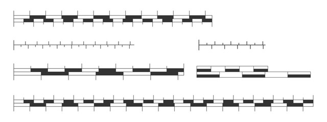 Set of simple different blank line and bar map scales. Distance measurement charts for travel or navigation. Cartography elements isolated on white background. Vector graphic illustration