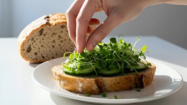 Woman making a delicious open faced sandwich on sourdough bread with sliced cucumber. Garnishing the toast with fresh green microgreens for a healthy vegetarian breakfast