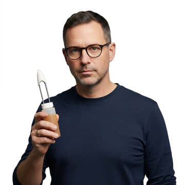 Practical 48-year-old man with serious culinary focus holds a generic turkey baster, ideal for holiday cooking features, Thanksgiving guides, or kitchen product marketing,