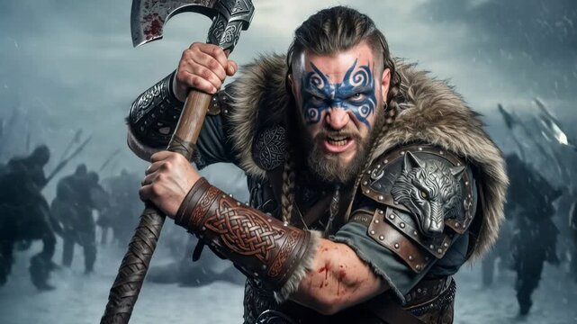 Man with painted face holding axe in snow, part of army on winter battlefield, historical warrior on warpath ready for battle