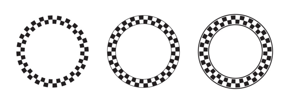 Collection of round frames with black and white checkered print. Vignettes with rally competition flag or chess board pattern. Circular geometric frameworks. Vector graphic illistration