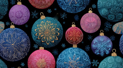 Seamless Digital Pattern of Intricate Christmas Ornaments and Snowflakes: Hand-Drawn Holiday Background Texture with Red, Blue, Pink, and Purple Baubles on a Deep Black Canvas