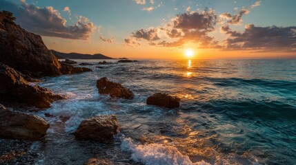 Fototapeta premium The ocean is calm and the sun is setting, casting a warm glow over the water. The rocks on the shoreline are scattered and the waves are gentle. The scene is peaceful and serene