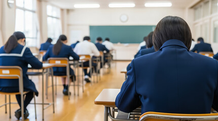 High School Entrance Exam Scene &ndash; Uniformed Students Focusing on the Test