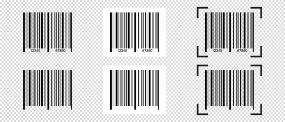 Set of different barcode stickers with scanner frame. Bar code tag mockups isolated on transparent background. Visual presentation of digital data of product. Vector graphic illustration