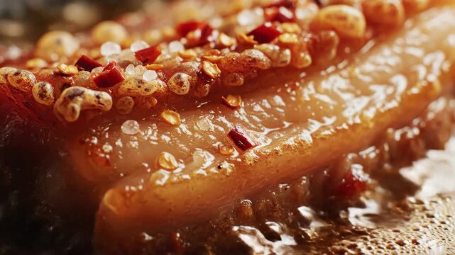 Close-up of a seasoned piece of meat, possibly pork belly, with various spices and herbs, ready for cooking or already cooked, showcasing a delicious texture and rich colors.