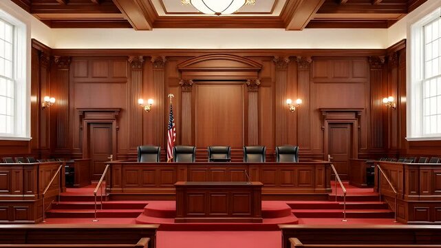 Classic courtroom scene showcasing judicial process and legal proceedings with American flag and traditional wood paneling design