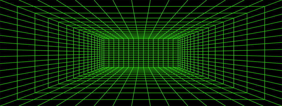 Rectangular green neon wireframe in perspective on black background. Cyberpank room, hallway or studio grid structure. Metaverse or virtual reality space, arcade game template. Vector illustration