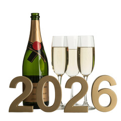 Champagne bottle and glasses celebrating New Year's Eve in 2026 with gold decorations