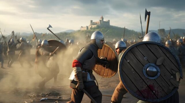 Medieval battle with warrior wielding axe and shield in front of fighting army, historical war scene