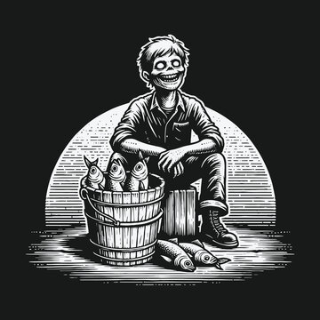 Macabre black and white illustration of a grinning zombie boy with a bucket of fish.