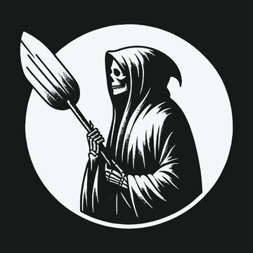 Black and white graphic illustration of the Grim Reaper holding a paddle.