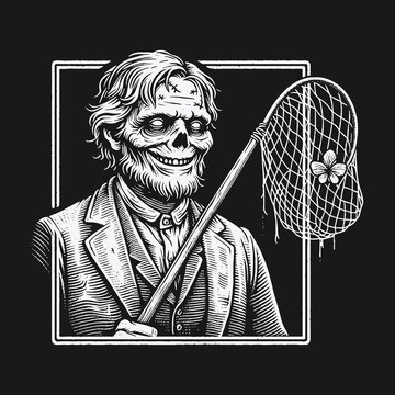 Macabre Undead Gentleman with a Butterfly Net Illustration.