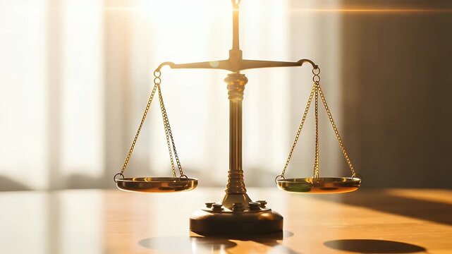 Golden justice scales gently swaying in the sunlight - a symbol of law, balance, fairness, and the legal system in motion