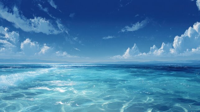 A beautiful blue ocean with a few clouds in the sky. The sky is clear and the water is calm