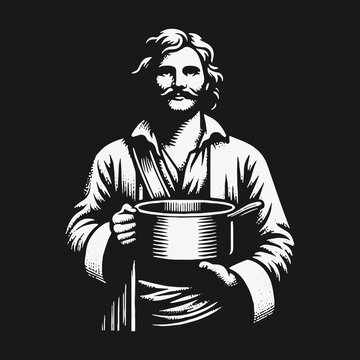 Vintage style black and white illustration of a man holding a cooking pot.
