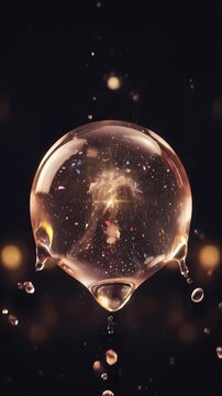 A glowing bubble water drop abstract cosmic light sparkle bokeh liquid, radiant light burst golden glow splash crown liquid sphere, luminou core macro energy burst dramatic splash surreal fantasy