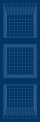 blue grid background, light blue lines on dark blue background. 3d perspective drawing