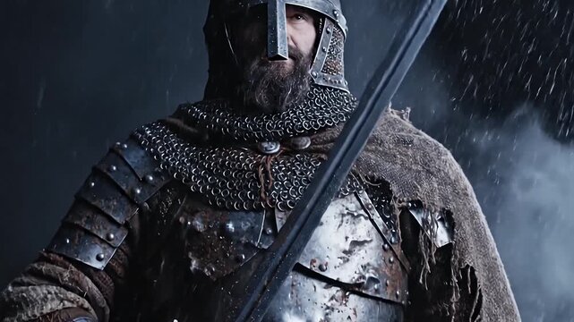 Cinematic Close-Up of Battle-Worn Medieval Knight Holding Sword in Vertical Guard Position
