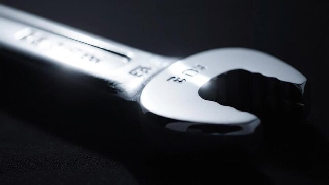 Close-up of a silver adjustable wrench on a black background