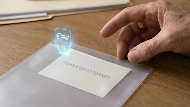 Power of attorney legal document on wooden table with hand holding folder symbolizing transfer of wealth and silver economy rights authority control