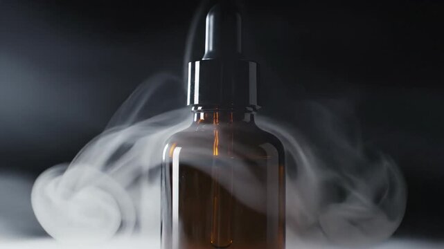 Amber Dropper Bottle with E-Liquid Amidst Billowing Smoke on a Dark Background.