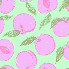 Funky pop art seamless pattern with crayon drawn peches or apricots. Wax crayon, chalk or pencil drawn fruits background. Whimsical colored fruit seamless pattern for packaging design.