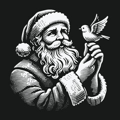 Obraz premium Vintage black and white Santa Claus holding a small bird illustration.