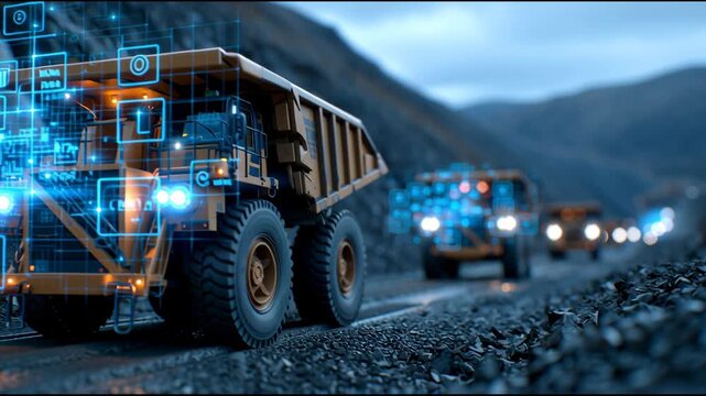 A group of trucks are driving down a road with a blue and white truck in the middle. The blue and white truck has a blue and white logo on the front