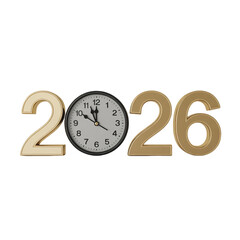 Year 2026 with clock face on black background isolated on Transparent background isolated on transparent background