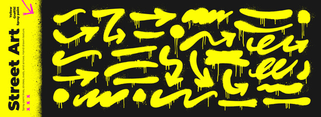 Yellow spray paint highlights, bold lines and graffiti arrows. Hand drawn vector sprayed smears, wavy brush strokes with noise texture. Grunge graffiti bold lines for underline or emphasize text.