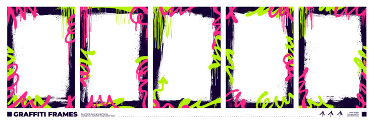 Graffiti spray paint photo frame set with squiggles and colorful brush strokes. Overlay templates with aerosol texture, drips and paint splatters. Hand drawn vector grunge graffiti frames and borders.