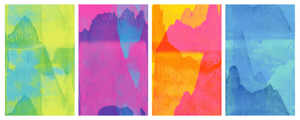 Obraz premium Risograph overlay texture poster collection with mountain linocut print. Colorful analog print brochure and covers. Halftone printmaking overlay background. Landscape motif vector riso posters.