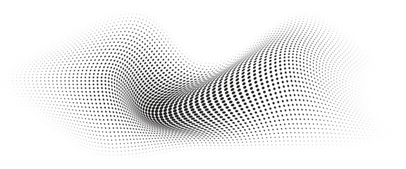 Flowing Wave Dot Halftone Pattern: Curve Gradient Shape on Transparent Background. Suitable for AI, Tech, Network, Digital, Science, and Technology Themes.