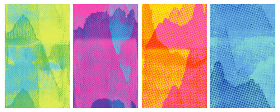 Risograph overlay texture poster collection with mountain linocut print. Colorful analog print brochure and covers. Halftone printmaking overlay background. Landscape motif vector riso posters.