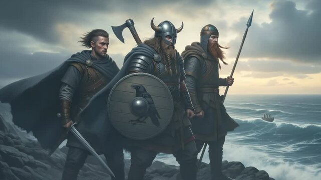 Three viking men stand on a rocky cliff overlooking a turbulent sea with longships, contemplating their journey and conquest