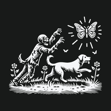 Whimsical gothic illustration of a zombie and dog chasing a butterfly.