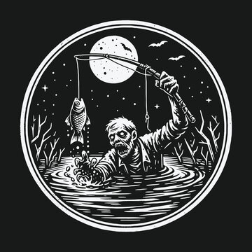 Spooky Zombie Fishing in a Swamp Under the Full Moon Illustration.