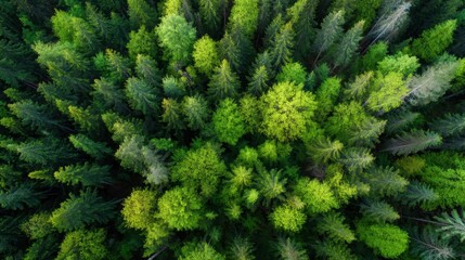 A lush green forest with many trees and a few brown trees. The trees are green and the sky is blue