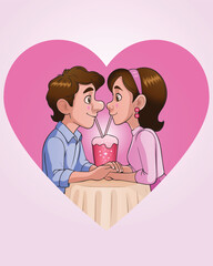 illustration of a loving couple drinking using straw  from same glass on love background