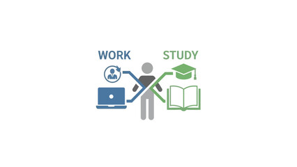 Person Balancing Work and Study with Technology and Education Symbols.
