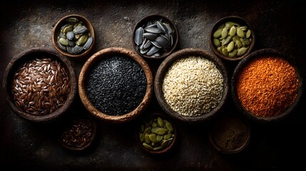 Assortment of Healthy Seeds and Grains in Rustic Bowls.